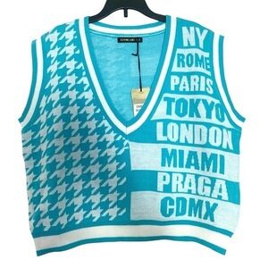 New Denimland Sweater Vest V-neck Houndstooth Rome Paris Tokyo London White Blue